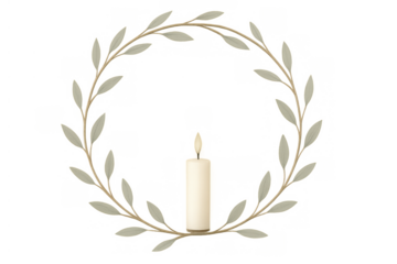 Burning white candle centered within a circular golden olive branch wreath, representing peace, spirituality, and commemoration