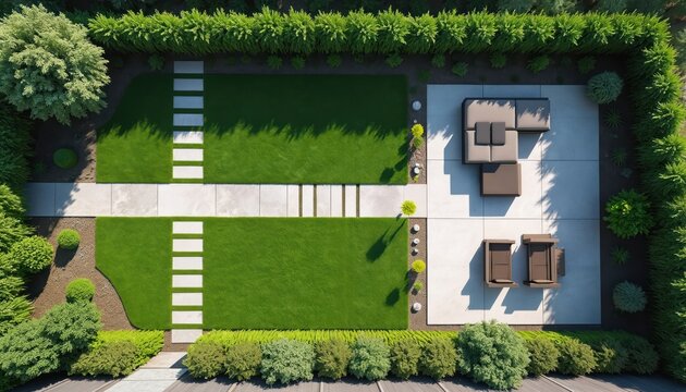 Top view of a modern backyard. Green lawn area with stepping stones connects to concrete patio with outdoor furniture. Lush green hedges surround the property providing privacy. - Powered by Adobe