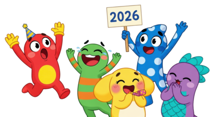 Joyful cartoon monsters celebrating the year 2026 with excitement and happiness.