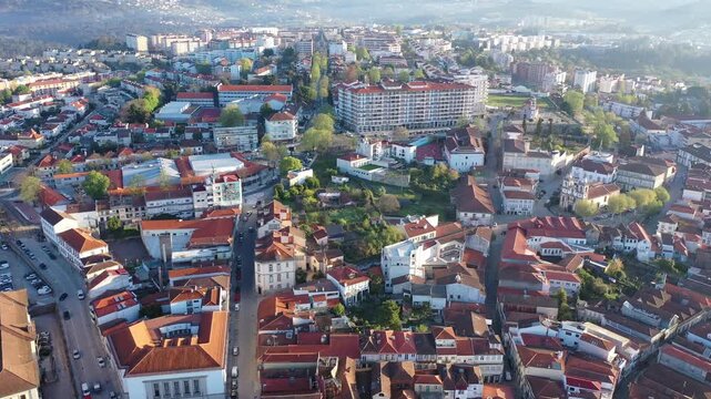 Bird's eye view of Portuguese city Vila Real with view of residential buildings. 