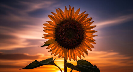 Stunning sunflower against sunset backdrop, perfect for autumn harvest themes, summer promotions, agriculture campaigns, or inspirational designs. Symbolizes warmth and growth.