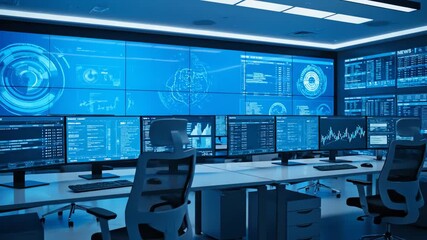 Data center displays realtime analytics on multiple screens in a modern control room, showcasing technology and information security with a futuristic aesthetic. - Powered by Adobe