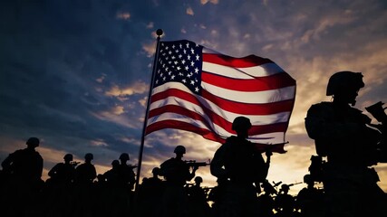 Military soldiers stand united under American flag. Sunset creates powerful ambiance. Strong teamwork symbolizes patriotism and bravery. Emotional connection to national pride. - Powered by Adobe