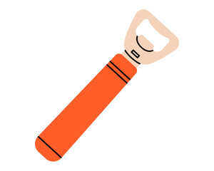 Hand drawn cute illustration of bottle opener. Flat vector beverage cap remover with wooden handle sticker doodle. Party or festival concept icon. Cheers at celebration event. Isolated.
