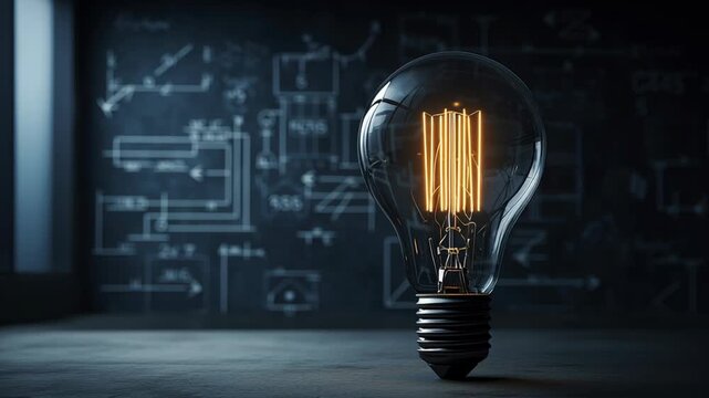 Vintage light bulb glowing against a dark background with blue schematics, ideal for creative projects
