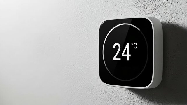 Smart thermostat showing 24 degrees celsius on a wall, depicting modern home climate control and energy efficiency footage