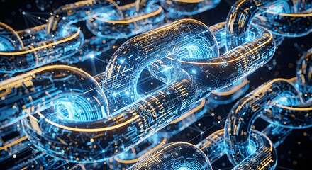 Digital Blockchain Network Connections with Glowing Blue Data Streams and Circuitry