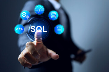 SQL Structured query language database concept with businessman is downloading data and information
