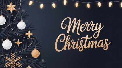 Naklejka premium Merry christmas greeting card with christmas tree and ornaments on dark blue