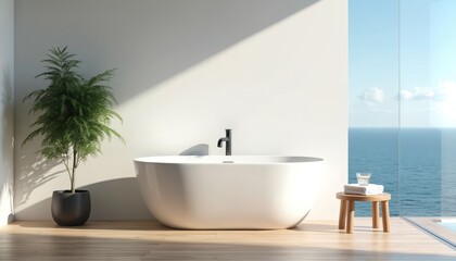 Fototapeta premium Modern bathroom features white oval tub near large window with ocean view. Green plant sits on wooden floor. Small stool holds towel and drink.