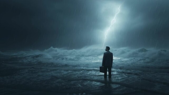 Mysterious man in a suit facing stormy ocean under lightning, a dramatic scene of nature's power