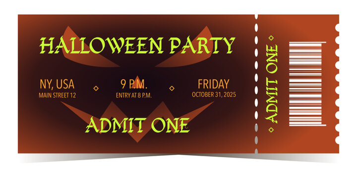 Halloween party ticket template with smiling scary face and event details