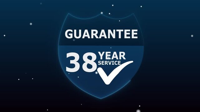 A abstract glowing modern &ldquo;38 Year Guarantee&rdquo; label design suitable for product packaging animation, promotional materials, and digital marketing with background.