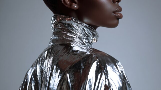 close up of a woman in a silver metallic futuristic dress, smooth reflections, minimal gray background, high fashion aesthetic