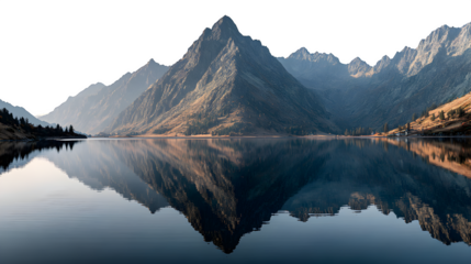 Alpine lake reflection, calm mirrored water with mountain backdrop, isolated on white background