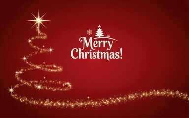 Merry christmas greeting with christmas tree made of light on red background