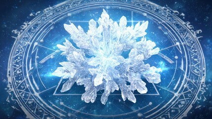 Close up of a sparkling snowflake design with a circular geometric background