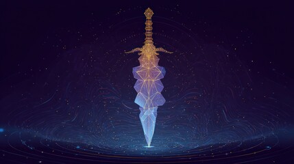 Abstract digital artwork of a glowing sword against a dark background