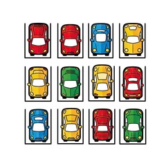 Overhead View of Arrayed Colorful Toy Cars Inside Black Rectangular Boxes on White Background