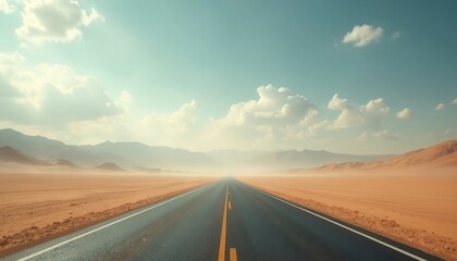 Fototapeta premium Desert highway stretches towards distant mountains under a hazy sky. Sandy dunes flank the empty road, suggesting a long journey. Barren landscape invites exploration, solitude, and adventure.