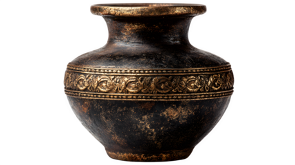 Antique bronze vase, aged metal with engraved band, museum lighting, isolated on white background