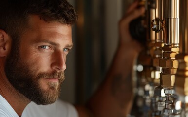 A handsome man with a beard gazes intently, his arm resting on industrial-looking pipes