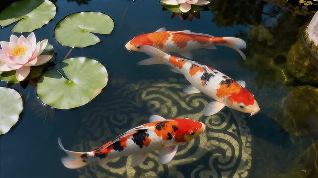Peces carpa Koi nadando bajo flores de loto en un estanque japonés