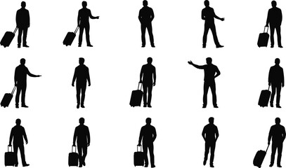 Traveler silhouette with luggage, airport walking pose, suitcase pulling gesture, travel icon set, transit movement vector, flat vector illustration