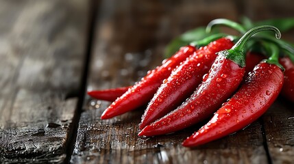 A closeup of red chili peppers with water droplets, on a rustic wooden table, photorealistic