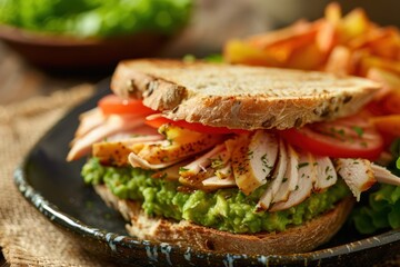 Avocado Chicken Sandwich on Grain Bread with Sliced Tomato and Potato Wedges Healthy Meal and Lunch