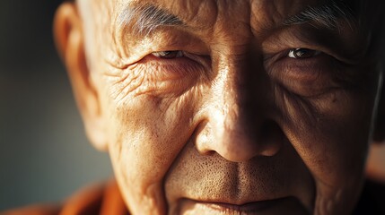 A closeup portrait of a monk s calm and serene face, with wrinkles and gentle smile, realistic texture and lighting