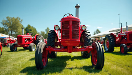 Red vintage tractors stand on green grass at sunny day. Classic old farm machines displayed outdoors. Agricultural transport vehicles exhibited at rural retro machinery festival on summer event.