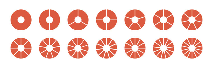 Circle division on 1, 2, 3, 4, 5, 6, 7, 8, 9, 10, 11, 12, 13, 14 equal parts. Wheel life round divided diagrams with segments. Blank infographic progress icons. Coaching tool. Segmented pinwheel red.
