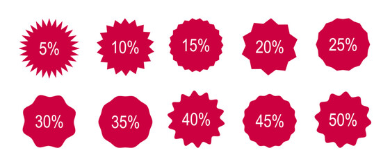 Circle sticker with percent discount from 5 to 50. Set of wavy edge promo red badges. Star burst shape featuring sale tags.Vintage price drop labels stickers. Promotional flat icons. Simple silhouette