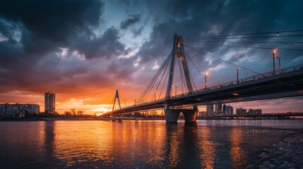 Obraz premium Stunning Sunset Over a Modern Bridge with Reflection in Water and Dramatic Sky Filled with Clouds and Urban Landscape in the Background