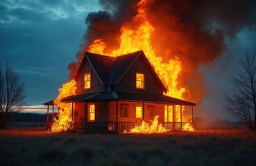 Wooden house engulfed in roaring flames at dusk. Thick smoke billows into the dark sky. Intense orange fire consumes structure and porch, windows glow with heat. Rural landscape, dry grass.