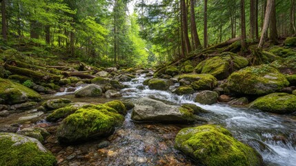 Serene Forest Stream Flowing Through Moss-Covered Rocks and Lush Greenery in a Tranquil Natural Setting Surrounded by Tall Trees