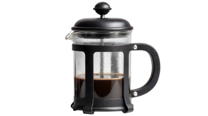 Black French press coffee maker, matte frame with glass cylinder, minimal light, isolated on white background
