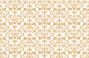 Wallpaper in the style of Baroque. White and golden floral ornament. Seamless vector background. Graphic pattern for fabric, wallpaper, packaging. Ornate Damask flower illustration