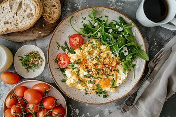 Gourmet breakfast Scrambled eggs arugula tomatoes feta cheese coffee Rustic healthy morning meal