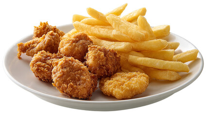 Delicious plate of crispy fried chicken nuggets with golden French fries isolated on transparent background