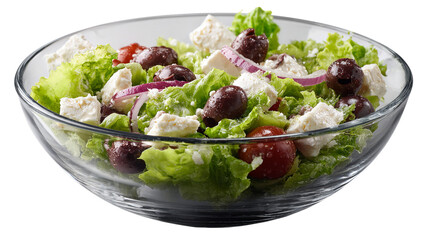 Vibrant fresh Greek salad featuring crisp lettuce juicy tomatoes olives and feta cheese isolated on transparent background