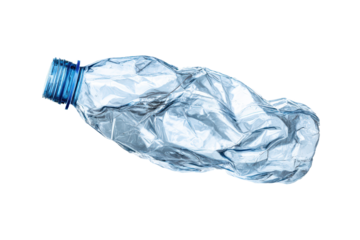 crumpled or knittered blue plastic bottle trash isolated on white or transparent png
