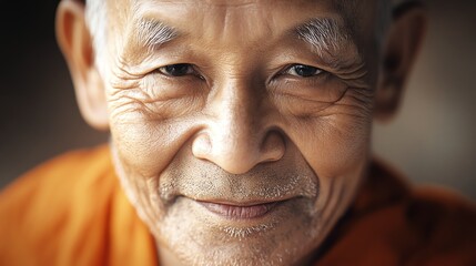 A closeup portrait of a monk s calm and serene face, with wrinkles and gentle smile, realistic texture and lighting