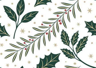 Realistic seamless green Christmas vector silhouette plants design with falling golden snow for use on Christmas cards and promotional advertising .icon




