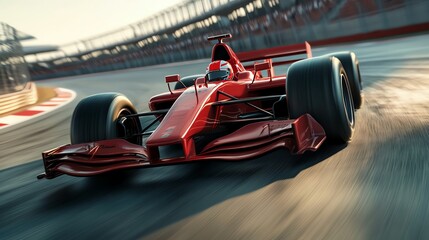 A closeup shot of a red Formula 1 race car speeding around a corner on a racetrack, with motion blur and heat distortion, realistic lighting and shadows