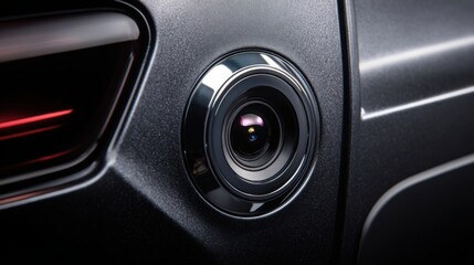Close up of SUV rear camera lens surrounded by chrome and matte black surface, professional studio lighting, high tech feel