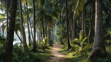 Obraz premium Lush Green Pathway Through Tropical Palm Trees in Serene Forest Setting with Sunlight Filtering Through Leaves, Ideal for Nature and Travel Themes
