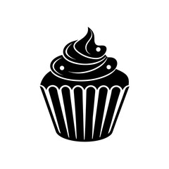 Illustration of a cupcake with frosting and sprinkles in black and white color on transparent background