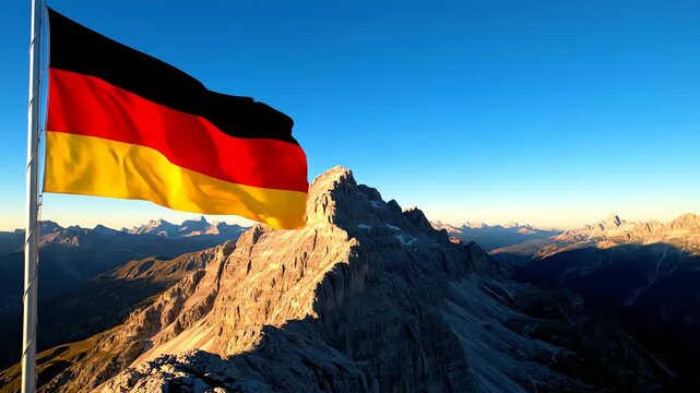 German flag waving proudly atop the Zugspitze mountain peak on a clear, sunny day, symbolizing national pride and alpine beauty in the Bavarian Alps.
